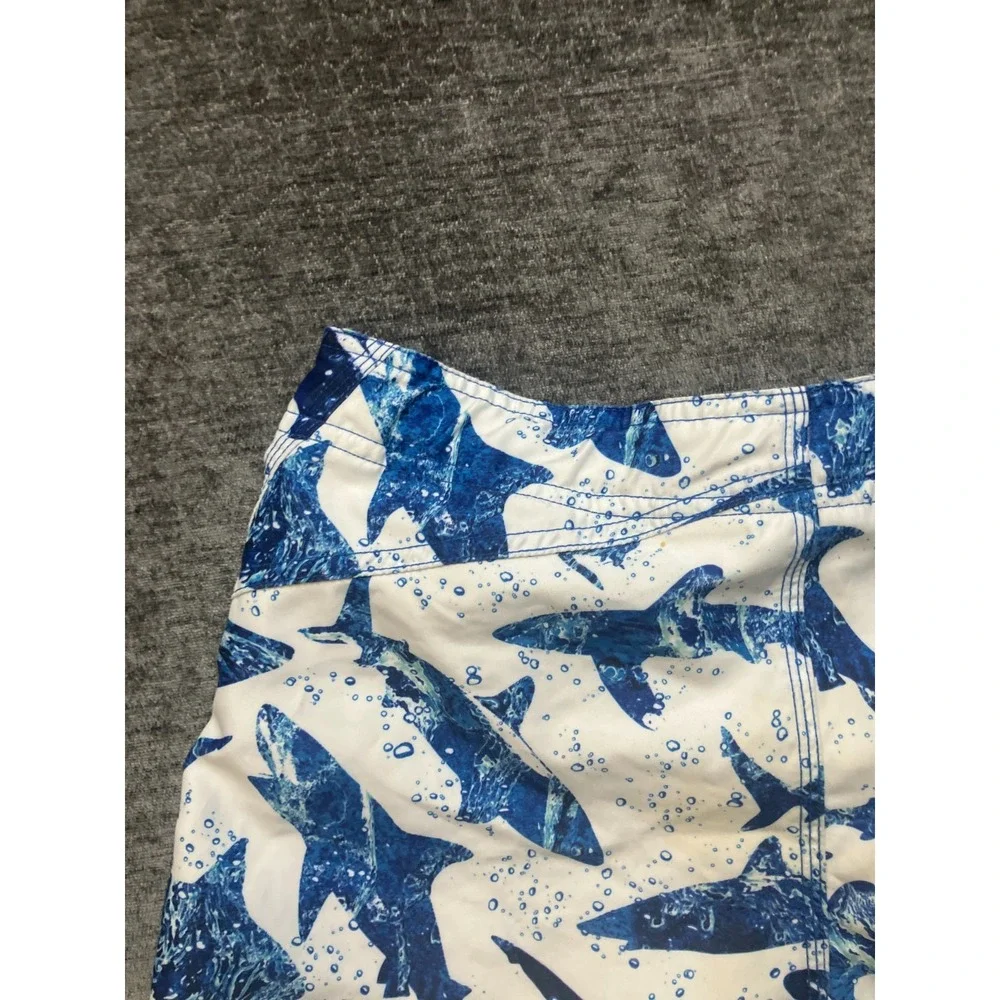 L.L. Bean Swim Trunks Boys 18 White Blue Shark Print Beach Wear Drawstring Waist